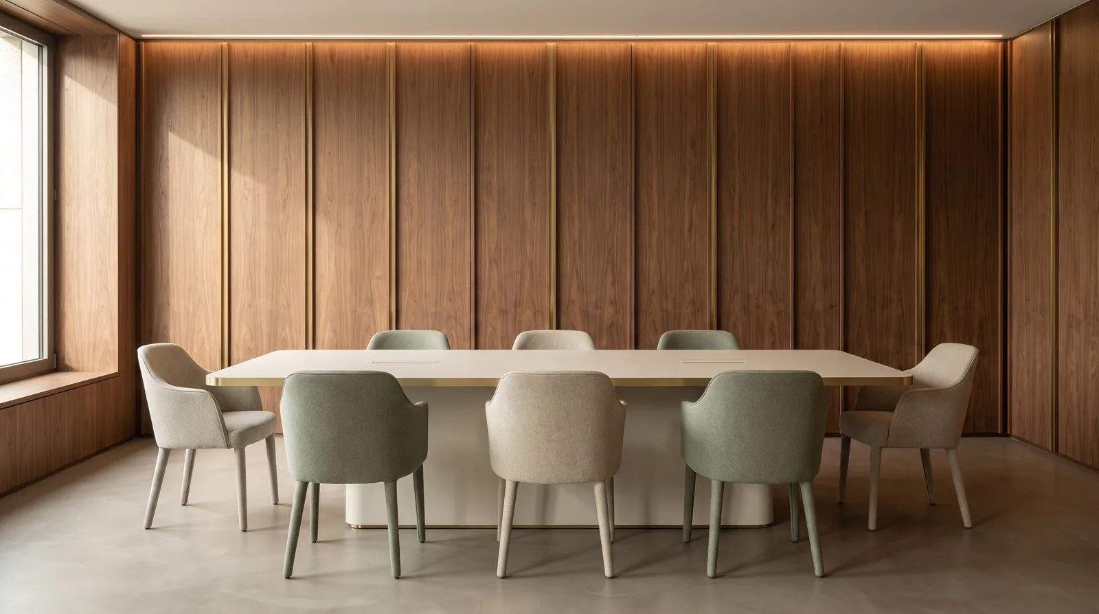 Sala de reuniones con pared de nogal, mesa lacada y sillería tapizada